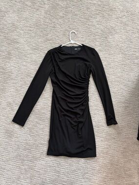 Zara Black Long-Sleeve Ruched Mini Dress